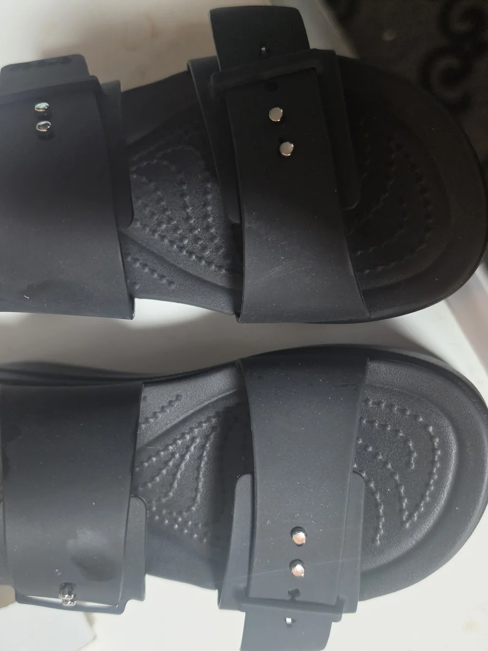 CROCS Black Double-Strap Slide Platform Wedge Sandals with Buckle Accents